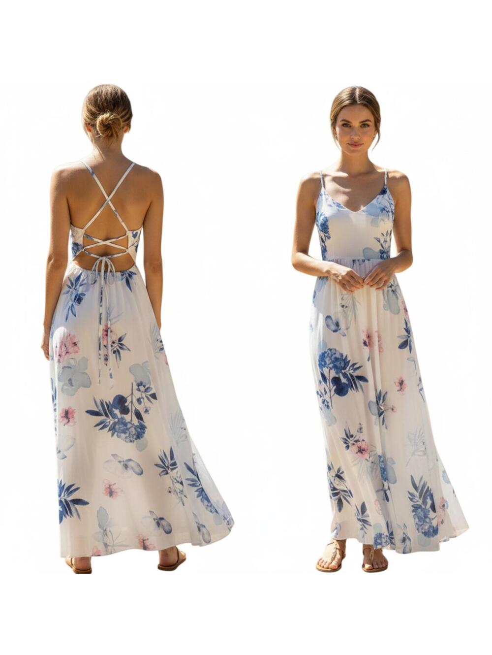 White Floral Maxi Dress Spaghetti Strap Halter Neck Criss Cross Back Slit